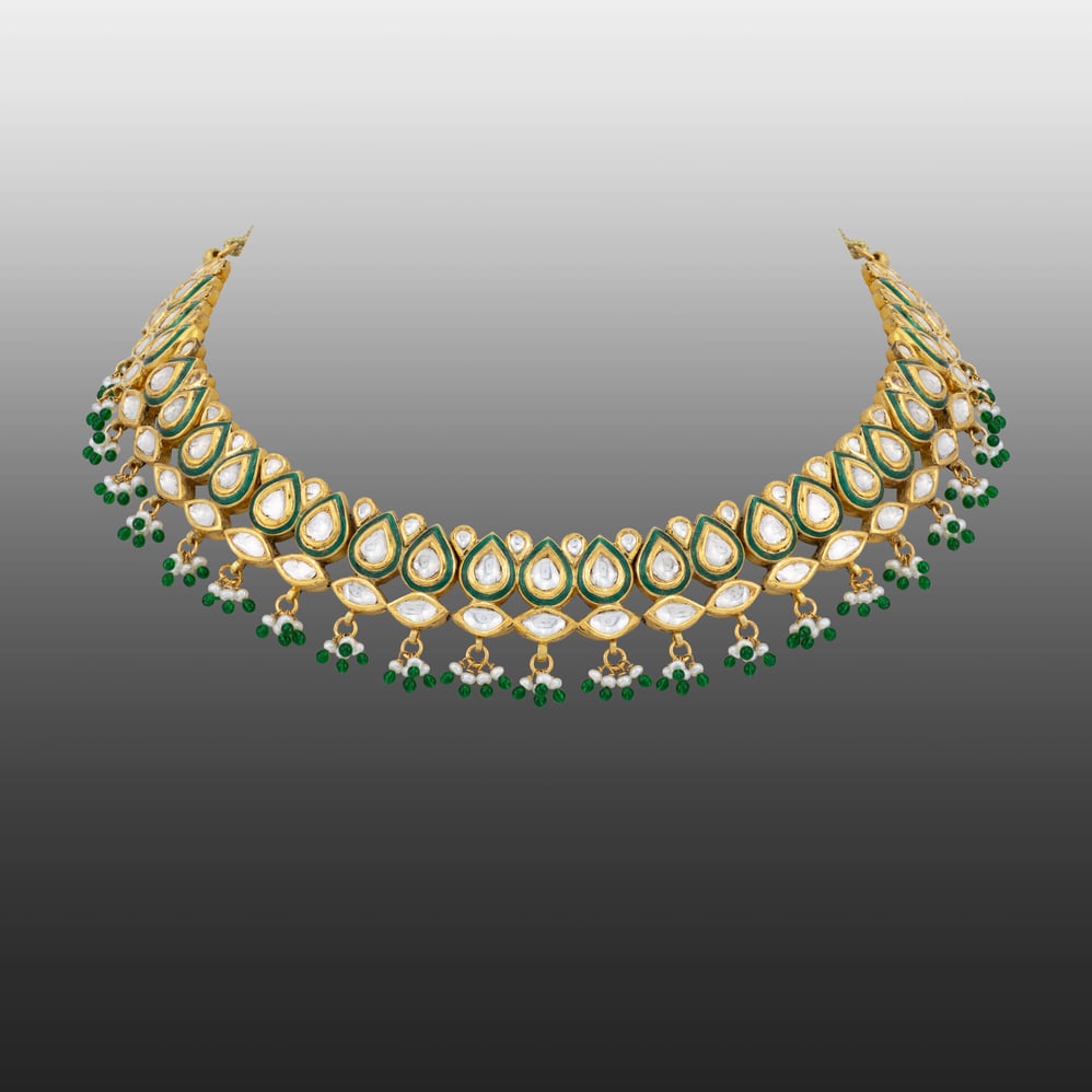 Emerald Enamel Polki Necklace with Pear Motif Detailing